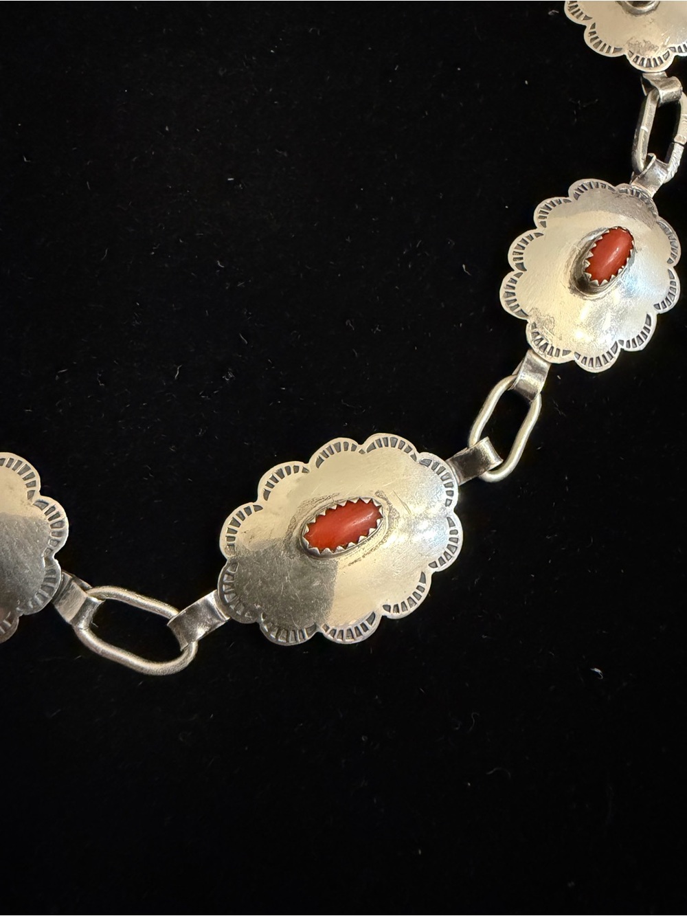 Rare Vintage Navajo Sterling Silver and Red Coral Concho Link Necklace - Picture 4 of 15